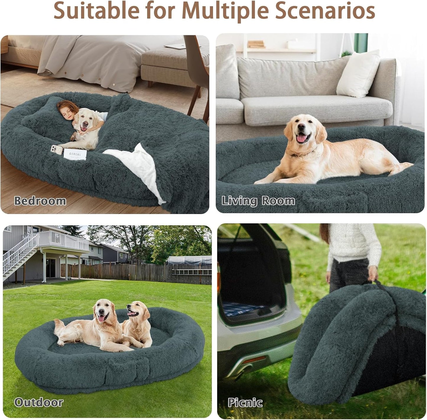 ROOMTEC Human Dog Bed, 71''x45''x12'' Size Fits Adult and Pet Washable Giant People Dog Bed 10 CM Thick Memory Foam Large Oversize Dog Bed with Plump Pillow, Blanket, Strap - Grey