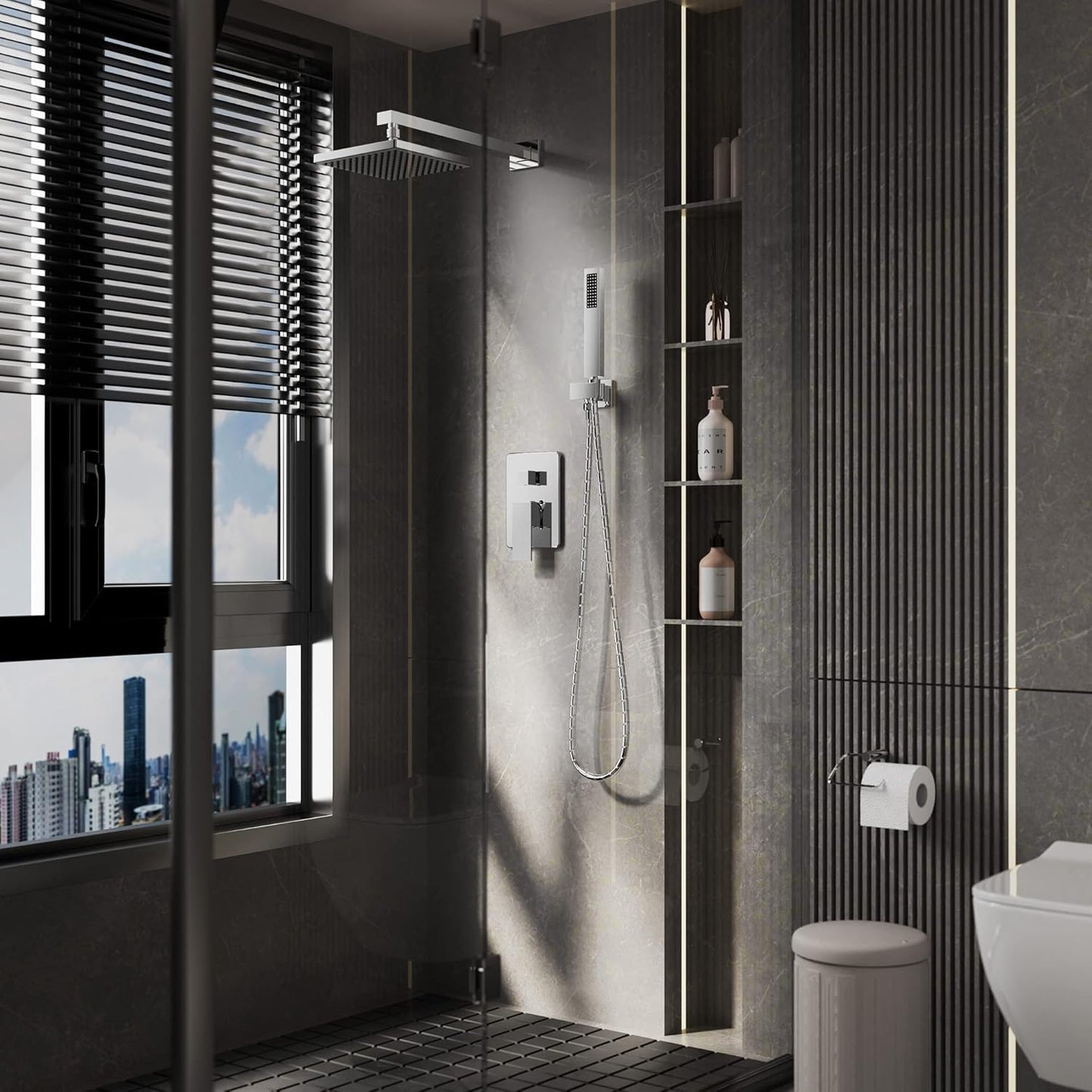 ROOMTEC Rainfall Shower System High Pressure 8 inch Shower Head Hand Held Shower Head Bathroom Luxury Rain Mixer Shower Complete Combo Set Wall Mounted, Chrome (Valve Included)