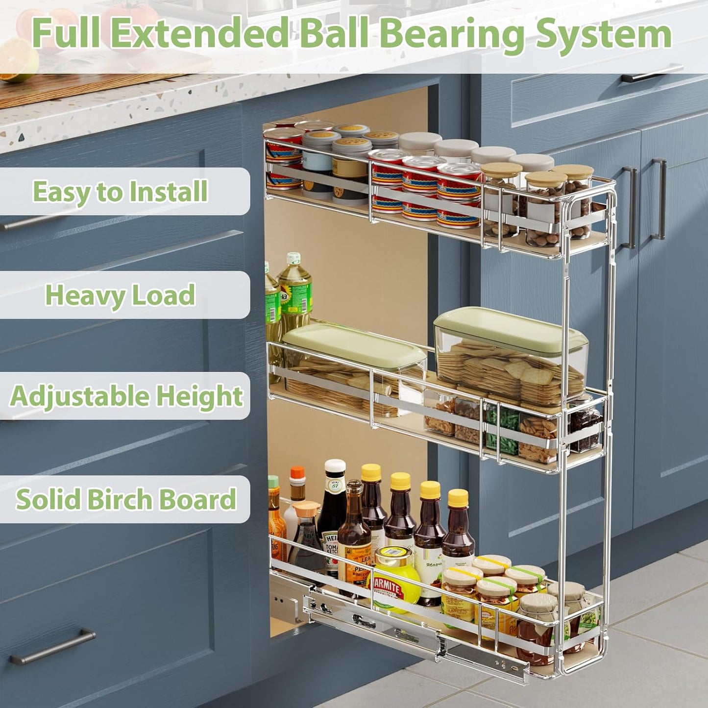 ROOMTEC 3-Tier Pull Out Cabinet Organizer Spice Rack for Narrow Cabinet 6" W x 20½" D, Slide Out Wood Shelves Storage for Kitchen