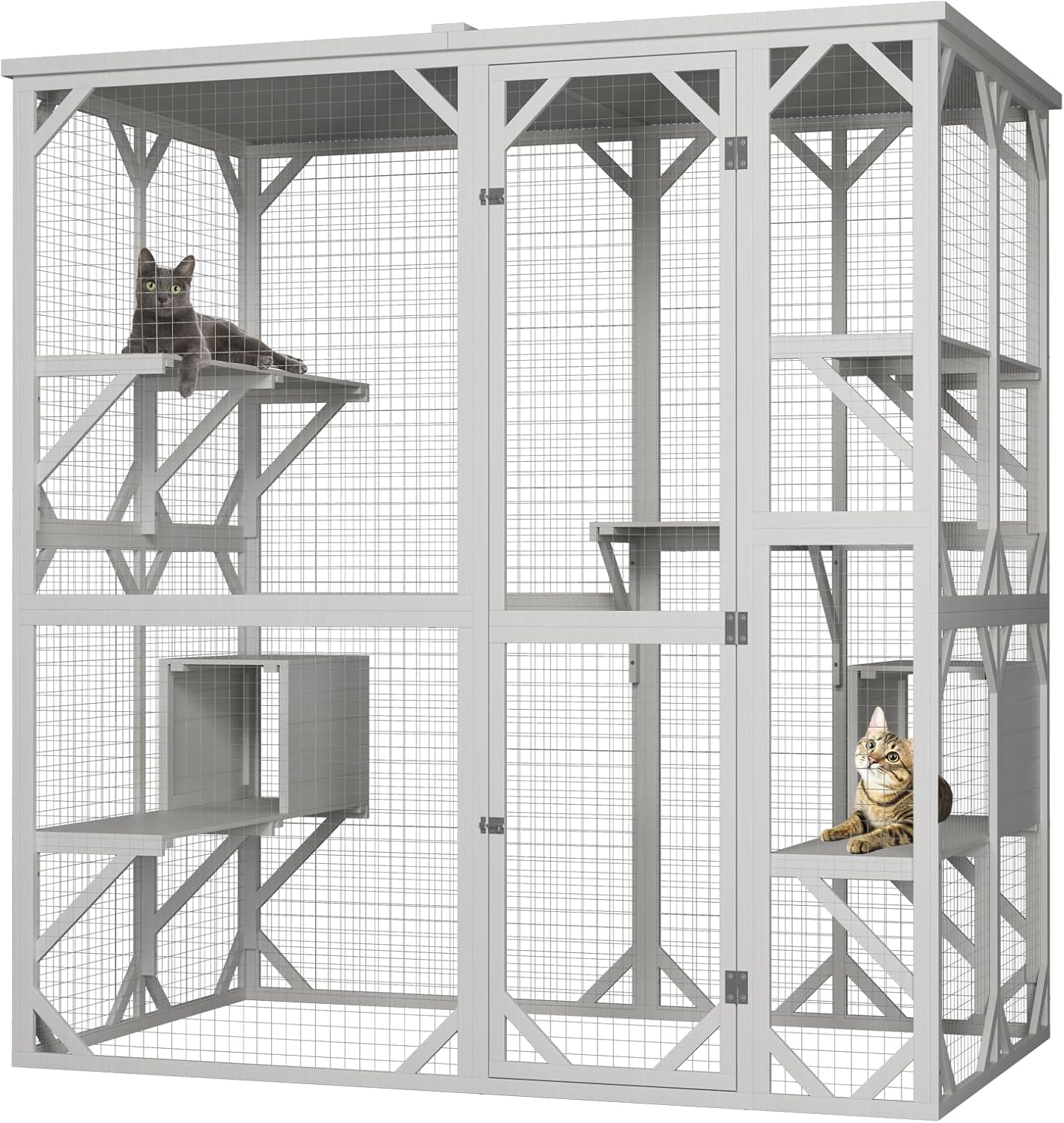 ROOMTEC Catio Outdoor Cat Enclosure with Roof 71" Height Large Cat House Cat Wooden Cage with 3 Jumping Platforms and 1 Napping Houses for Cat Activity (Grey)