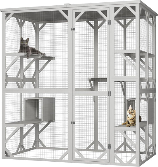 ROOMTEC Catio Outdoor Cat Enclosure with Roof 71" Height Large Cat House Cat Wooden Cage with 3 Jumping Platforms and 1 Napping Houses for Cat Activity (Grey)