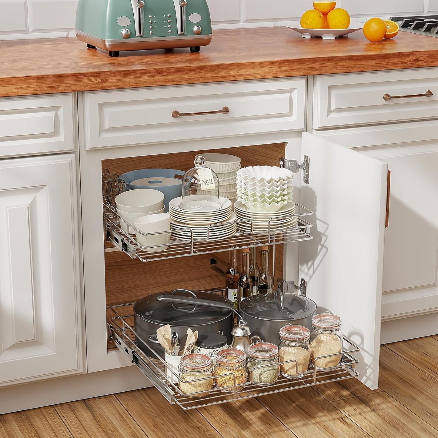 ROOMTEC Slide Out Cabinet Organizer for Kitchen, 2 Tier Pull Out Shelves Sliding Cabinet Organizer and Storage, Chrome (16.5" W x 20.5" D)