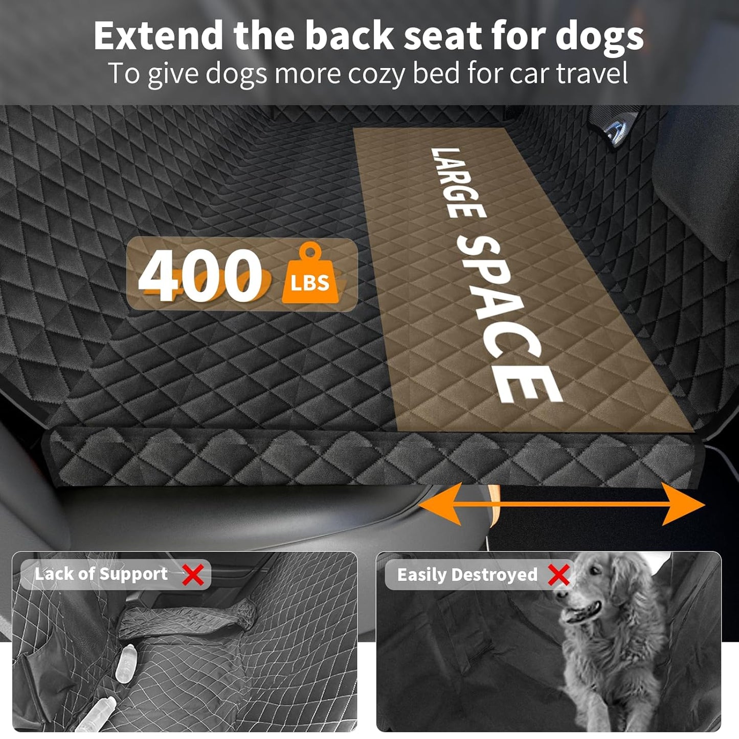 Back Seat Extender for Dogs, Hard Bottom Dog Seat Cover Holds 400 lbs Waterproof Dog Hammock with Breathable Window and Storage Bag Foldable Pet Backseat Protector for Car & SUV, Truck-Black