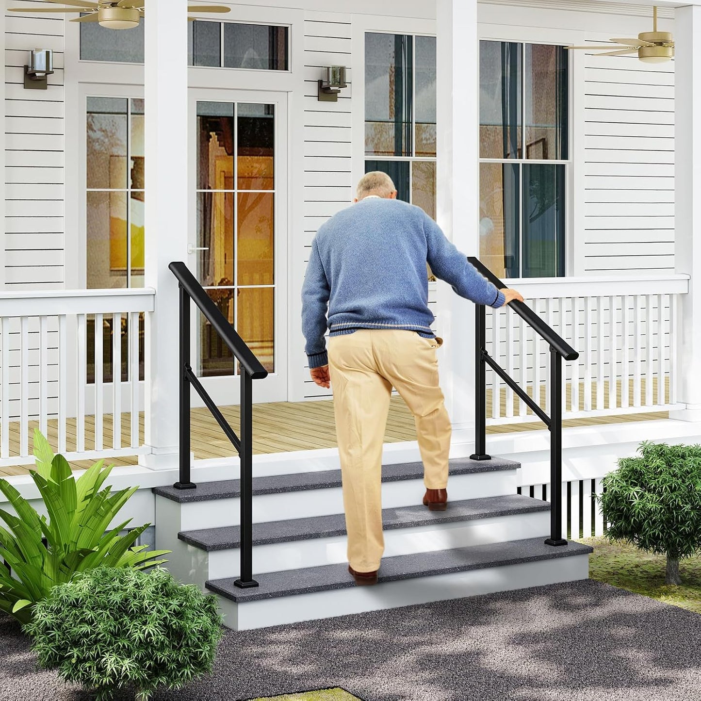 ROOMTEC  2 Step Hand Rails for Outdoor Steps, Wrought Iron Railing, Exterior Hand Railing for Steps, Porch Railing Kit (1-2 Steps Handrail)