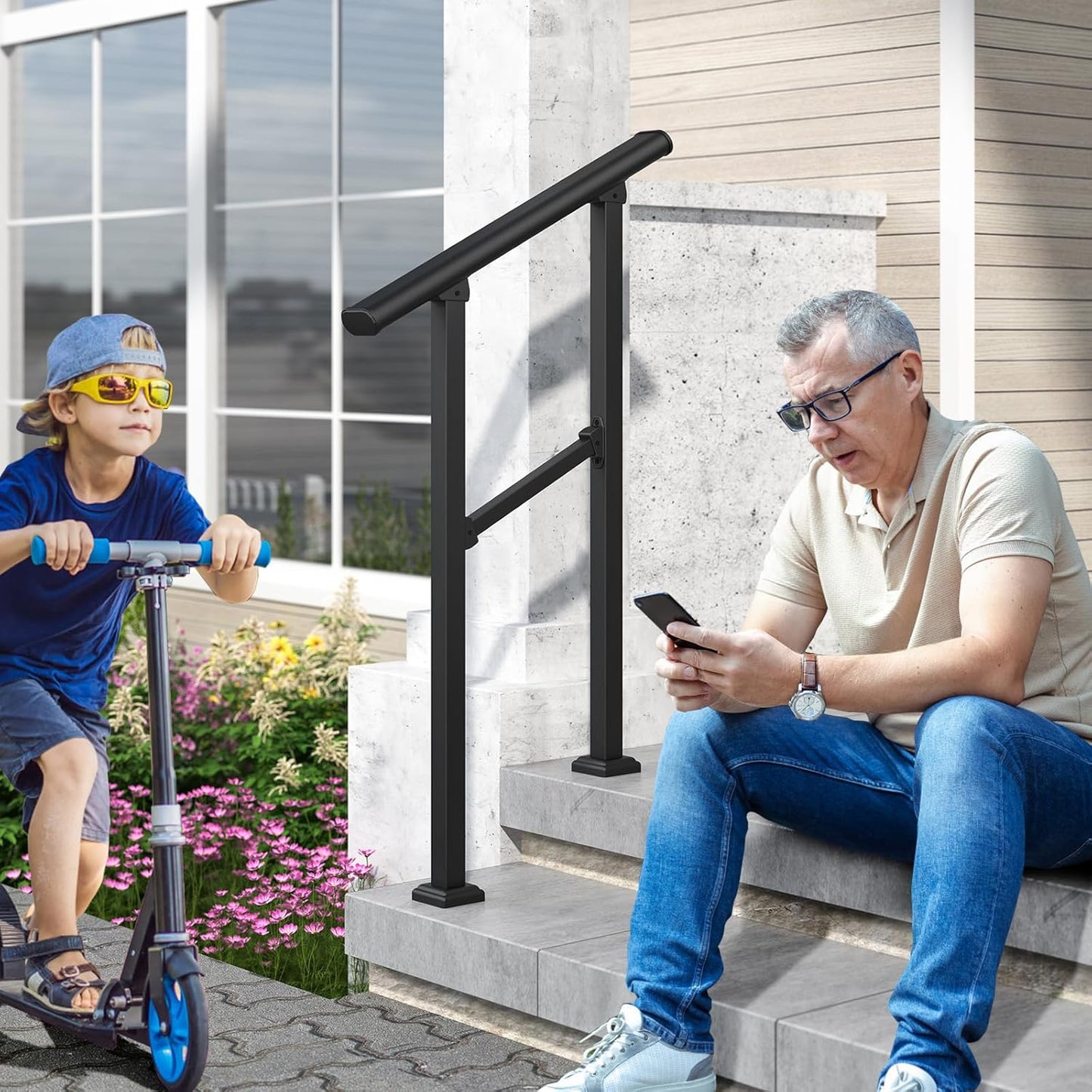 ROOMTEC  2 Step Hand Rails for Outdoor Steps, Wrought Iron Railing, Exterior Hand Railing for Steps, Porch Railing Kit (1-2 Steps Handrail)