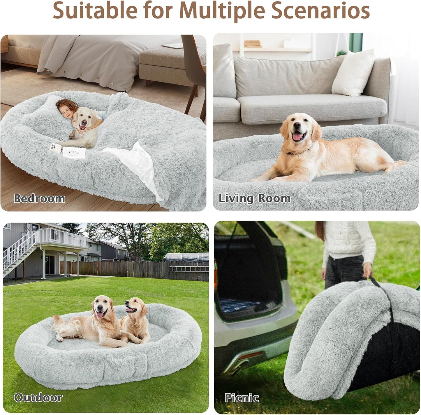 ROOMTEC Human Dog Bed, 71''x45''x12'' Size Fits Adult and Pet Washable Giant People Dog Bed 10 CM Thick Memory Foam Large Oversize Dog Bed with Plump Pillow, Blanket, Strap - Grey