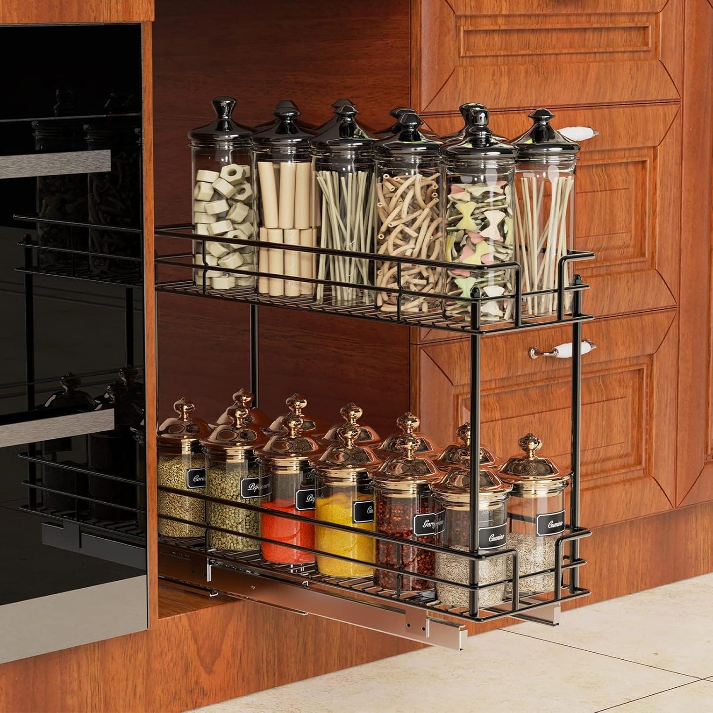 ROOMTEC Pull Out Spice Rack for Narrow Cabinet (5½" W X 21" D),3 Tier Slide Out Cabinet Organizer and Pull Out Shelves Under Cabinet Storage for Kitchen, Chrome