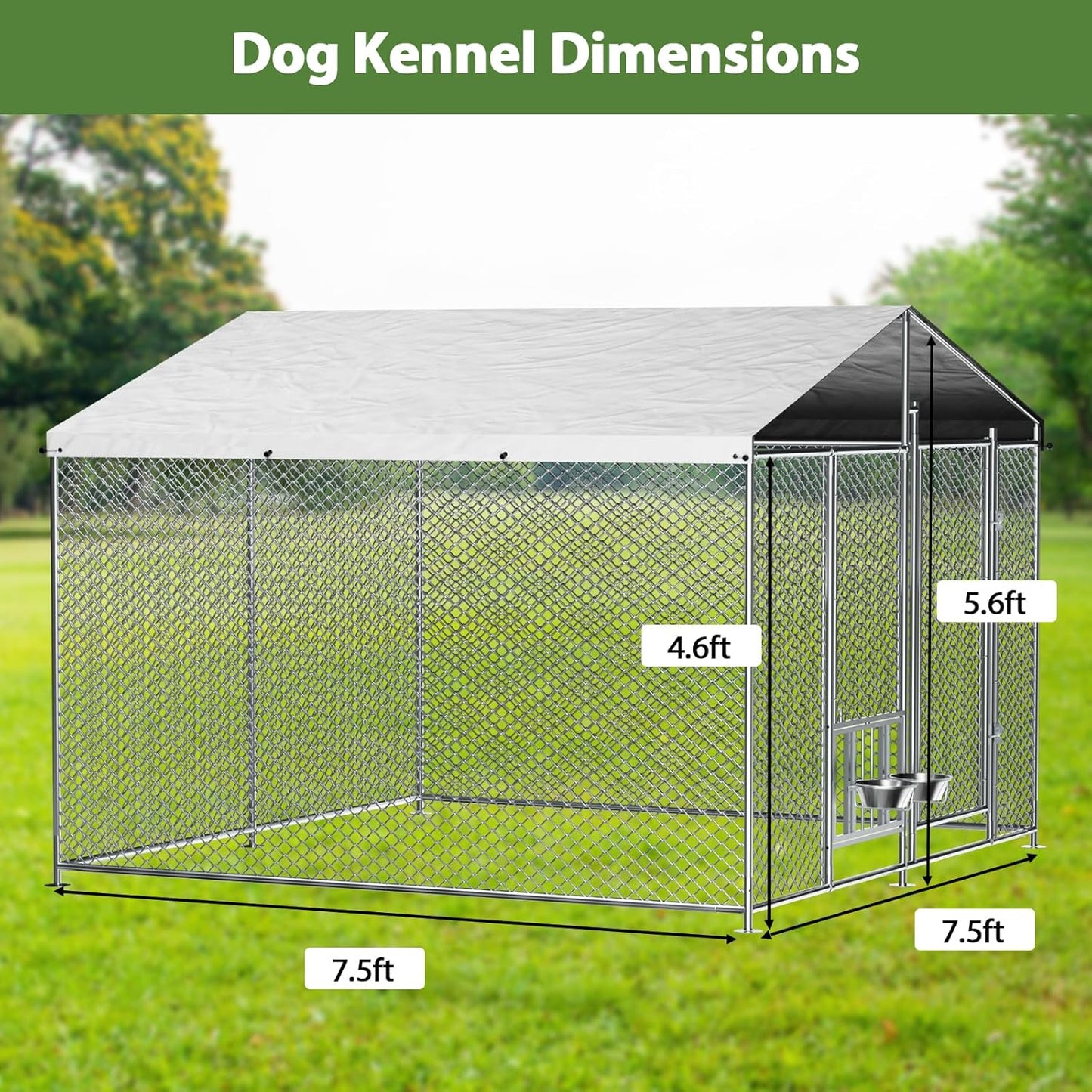 ROOMTEC Outside Dog Kennel with Roof Heavy Duty Outdoor Dog Kennel with 2 Rotating Bowls and Updated Secure Lock Large Dog Kennel with Removable Cover for Large Pet (7.5'x7.5'x5.6')