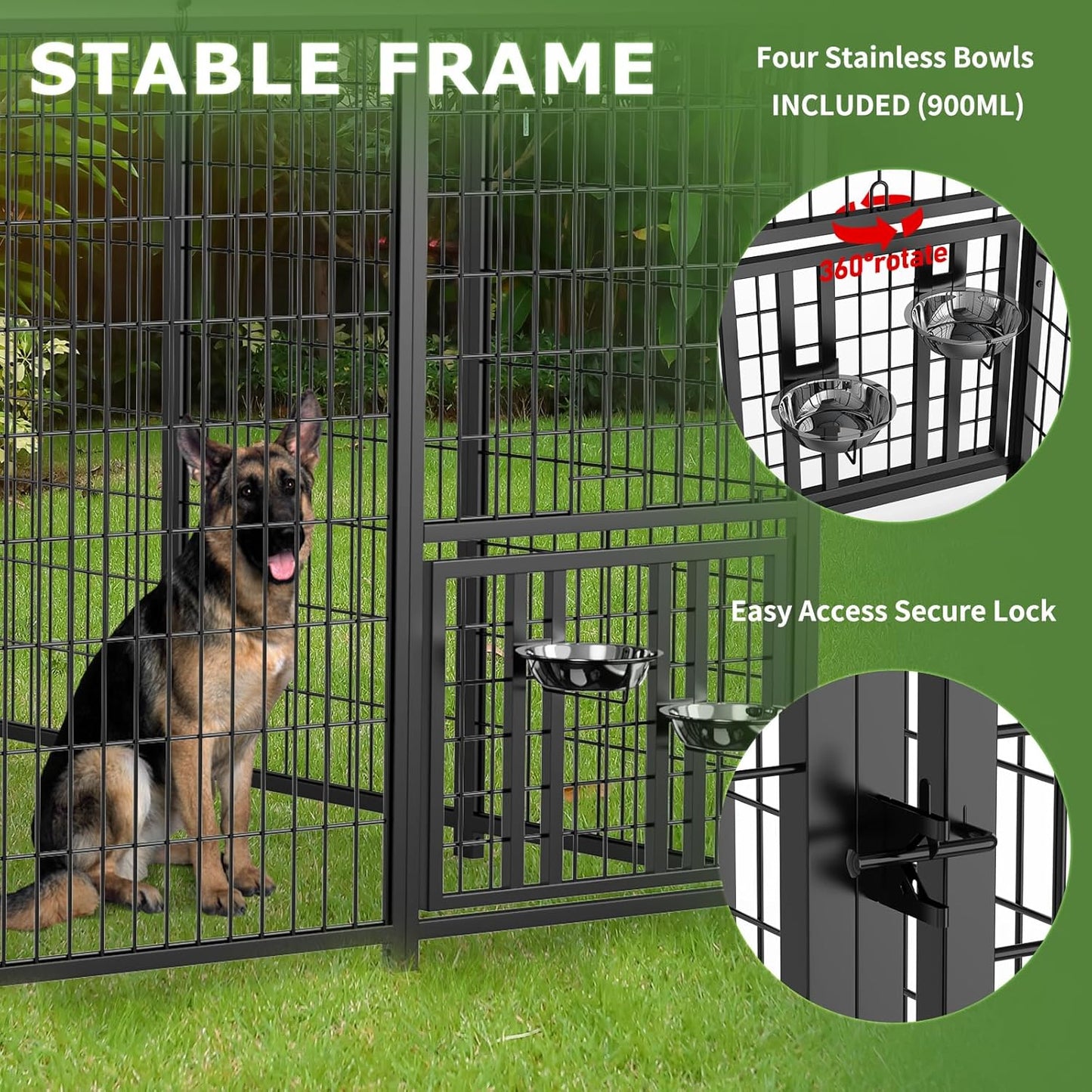 ROOMTEC Large Dog Kennel Outdoor Pet Pens Dogs Run Enclosure Animal Hutch Metal Coop Fence with Rotating Bowl (4'L x 4'W x 4.25'H)