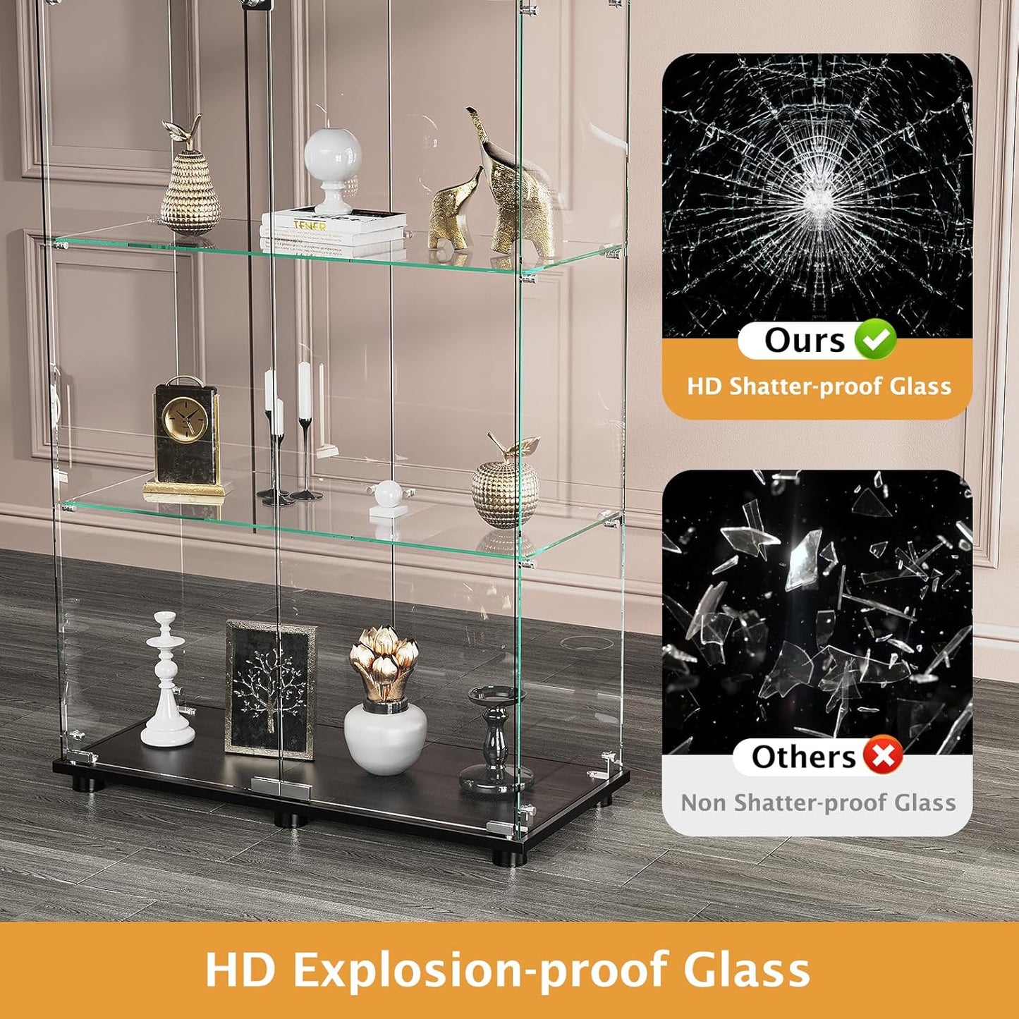 ROOMTEC Glass Display Cabinet with 3 Shelves,Double Doors, Floor Standing Display Cage, for Living Room Bedroom Office, 49.49 x 31.77 x 14.37 in, Black