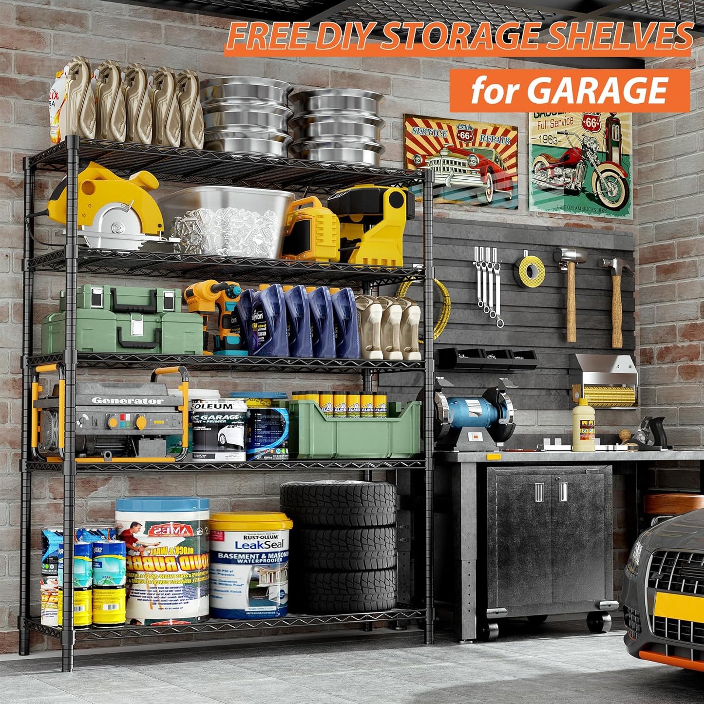 Roomtec Storage Shelves Heavy Duty, 48" L x 20" W x 72" H Garage Wire Shelving Unit Loads 2000LBS, 5-tier Adjustable Metal Industrial Utility Shelf Rack for Kitchen, Laundry Room, Pantry, Warehouse, Basement