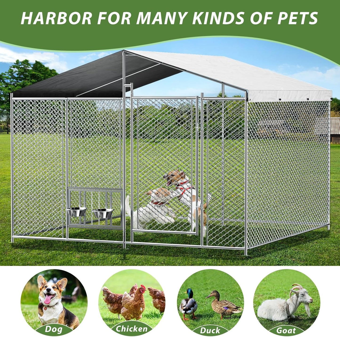 ROOMTEC Outside Dog Kennel with Roof Heavy Duty Outdoor Dog Kennel with 2 Rotating Bowls and Updated Secure Lock Large Dog Kennel with Removable Cover for Large Pet (7.5'x7.5'x5.6')