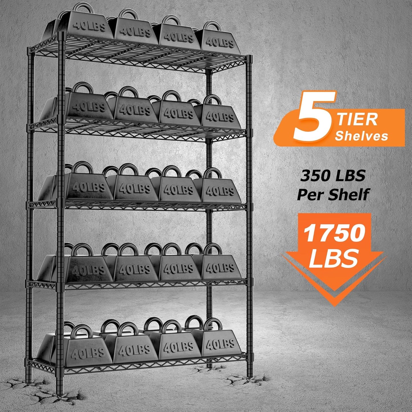 Roomtec Storage Shelves Heavy Duty, 48" L x 20" W x 72" H Garage Wire Shelving Unit Loads 2000LBS, 5-tier Adjustable Metal Industrial Utility Shelf Rack for Kitchen, Laundry Room, Pantry, Warehouse, Basement