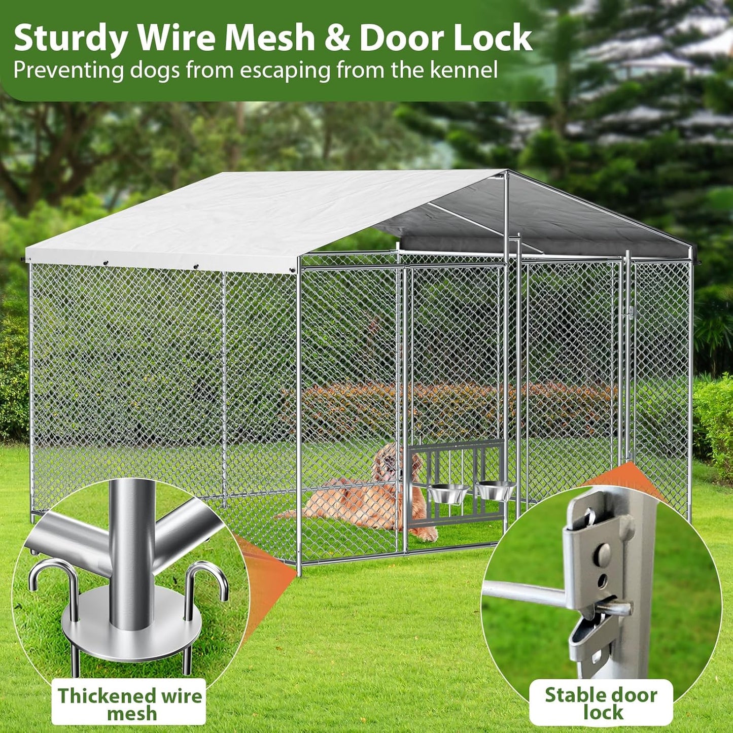 ROOMTEC Outside Dog Kennel with Roof Heavy Duty Outdoor Dog Kennel with 2 Rotating Bowls and Updated Secure Lock Large Dog Kennel with Removable Cover for Large Pet (7.5'x7.5'x5.6')