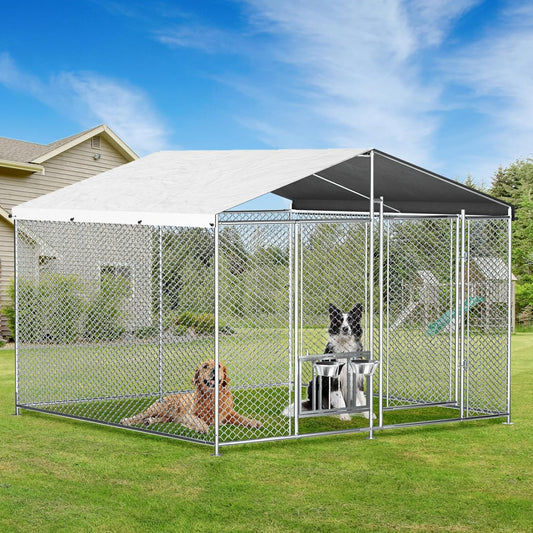 ROOMTEC Outside Dog Kennel with Roof Heavy Duty Outdoor Dog Kennel with 2 Rotating Bowls and Updated Secure Lock Large Dog Kennel with Removable Cover for Large Pet (7.5'x7.5'x5.6')