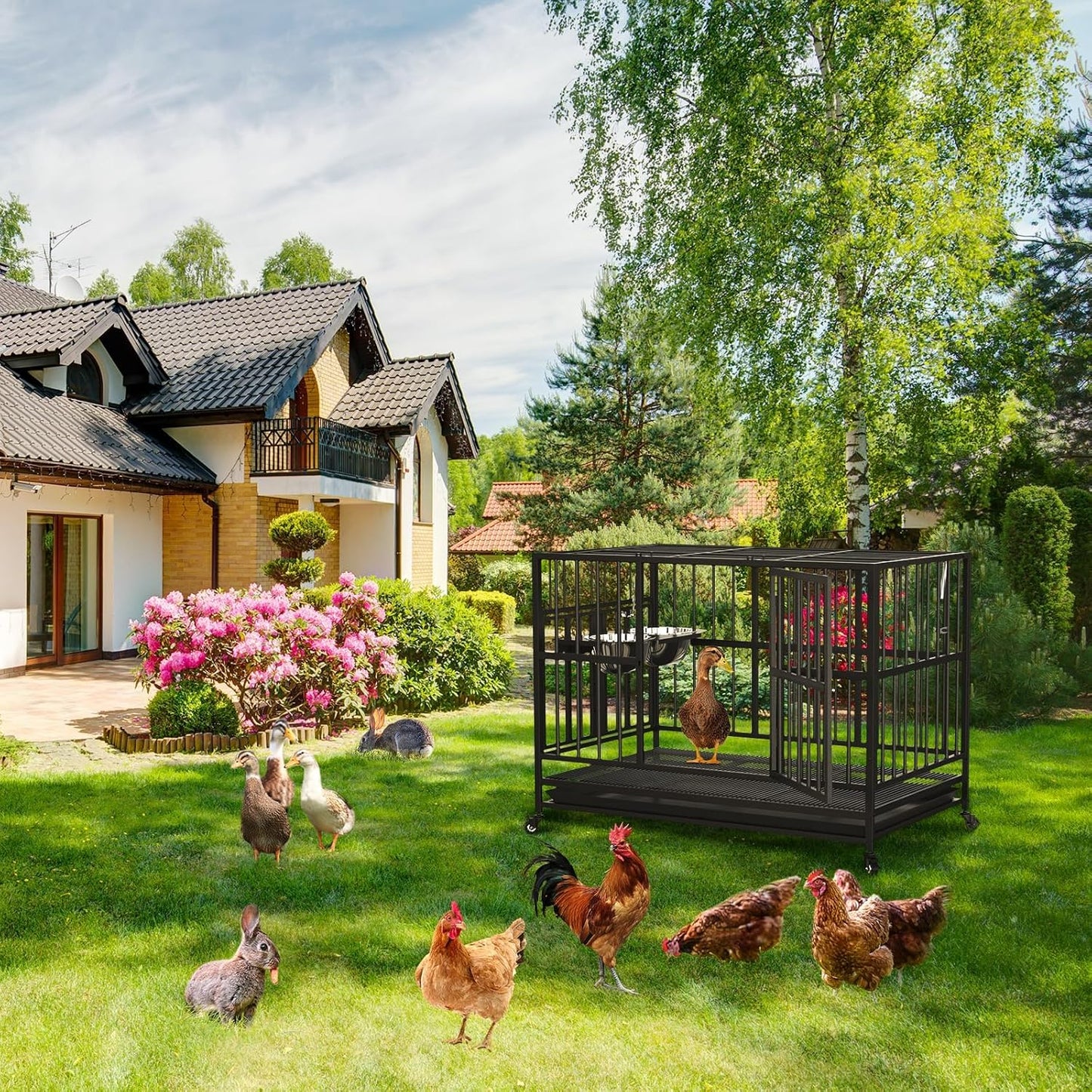 ROOMTEC  43" Heavy Duty Dog Crate with Unique Air Lift Rod/Wheels/ 360° & Adjustable 2 Bowls, Extra Medium Dog Crate