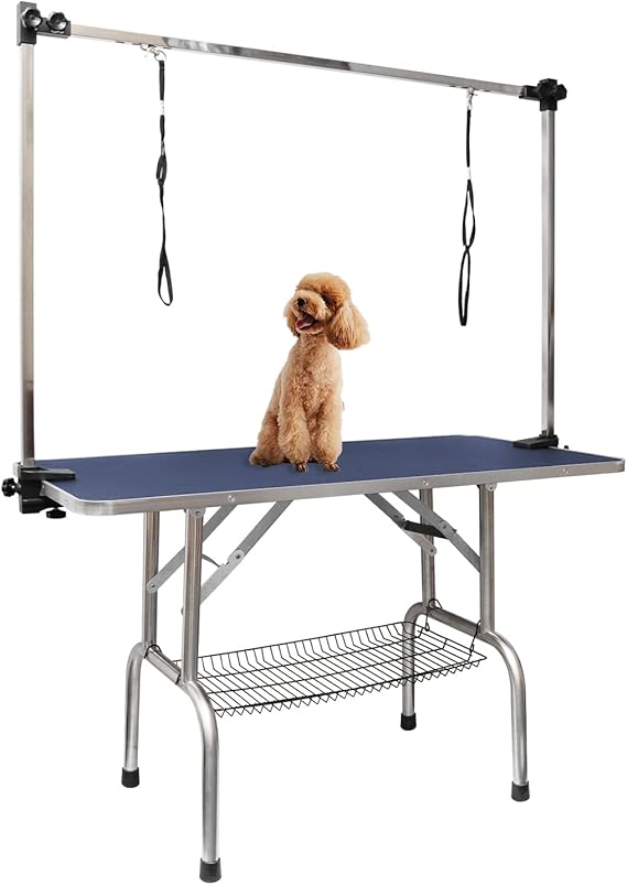 ROOMTEC 46" Dog Grooming Table,Foldable Home Pet Bathing Station with Adjustable Height Arm/Noose/Mesh Tray