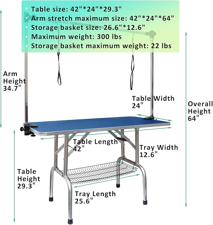 ROOMTEC 46" Dog Grooming Table,Foldable Home Pet Bathing Station with Adjustable Height Arm/Noose/Mesh Tray
