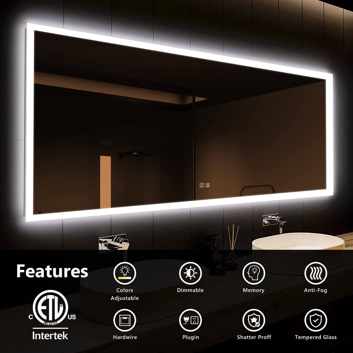 Frameless Rectangular Led Bathrooms Mirrors with Dimmable Lights