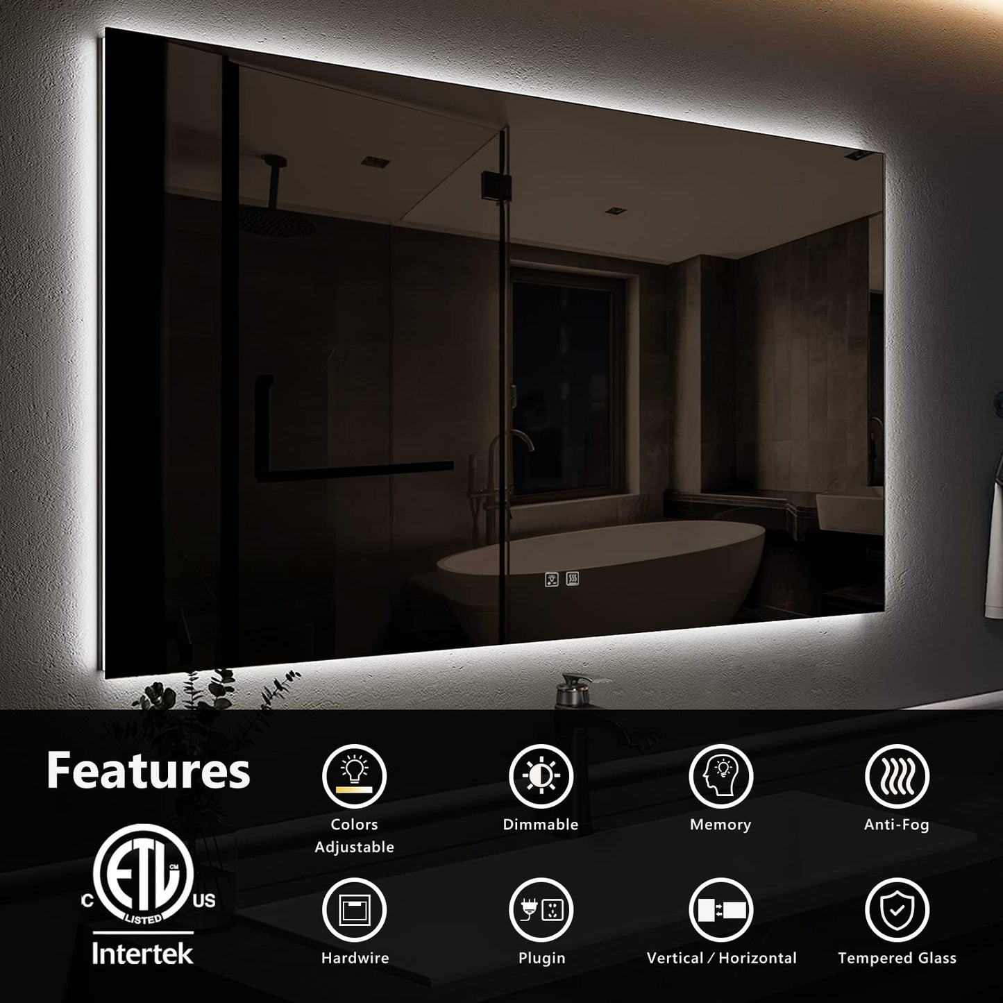 Frameless Square LED Backlit Bathroom Mirror with Dimmable Lights