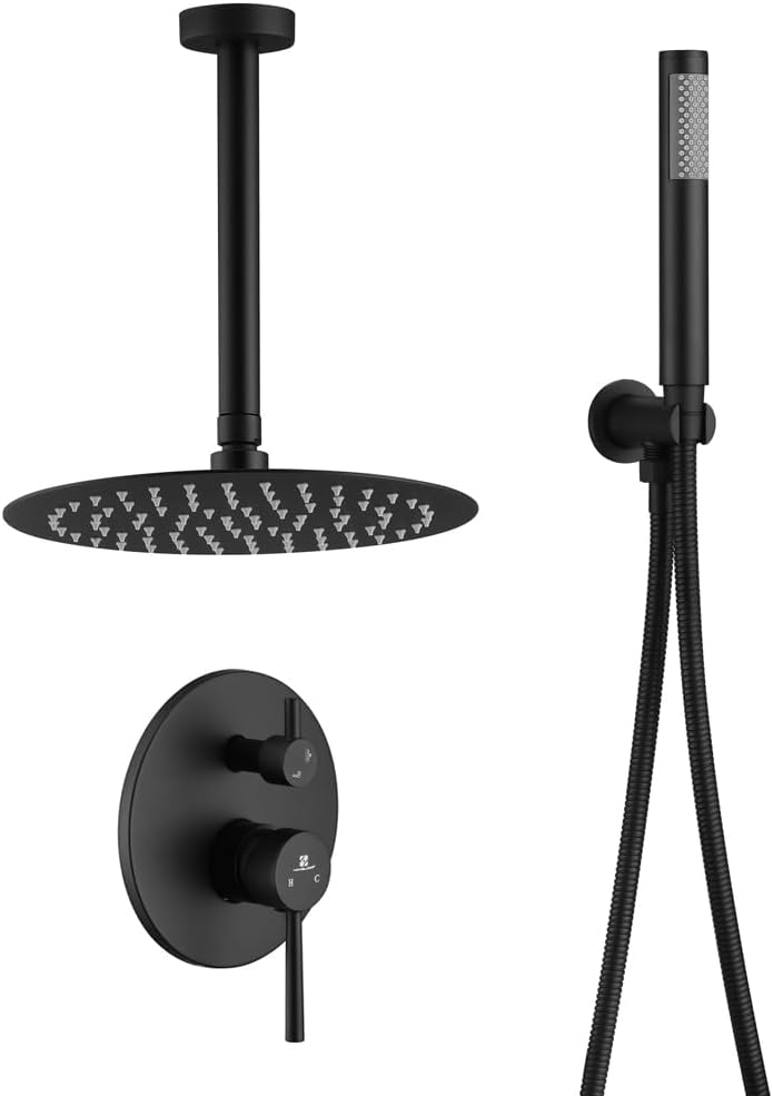 10 Inches Bathroom Rain Mixer Shower Combo Set Celling Mounted Rainfall Shower Head System Matte Black Finish Shower Faucet Rough-In