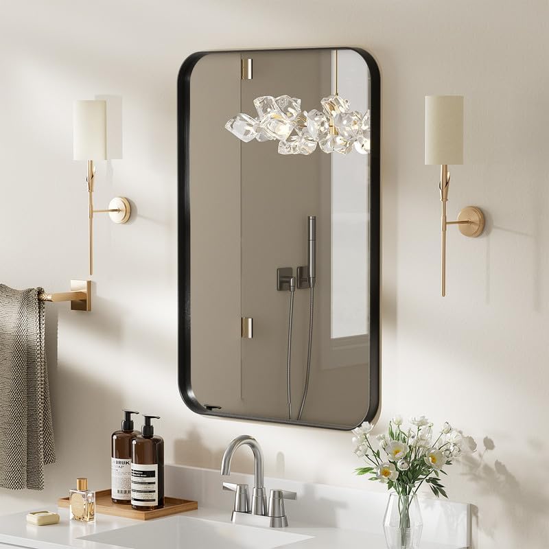 ROOMTEC Gold Bathroom Mirrors for Wall, 20X30 Inch Rounded Rectangle Mirror, Gold Bathroom Vanity Mirror, Metal Framed Wall-Mounted Mirror,Tempered Glass,（Horizontally or Vertically