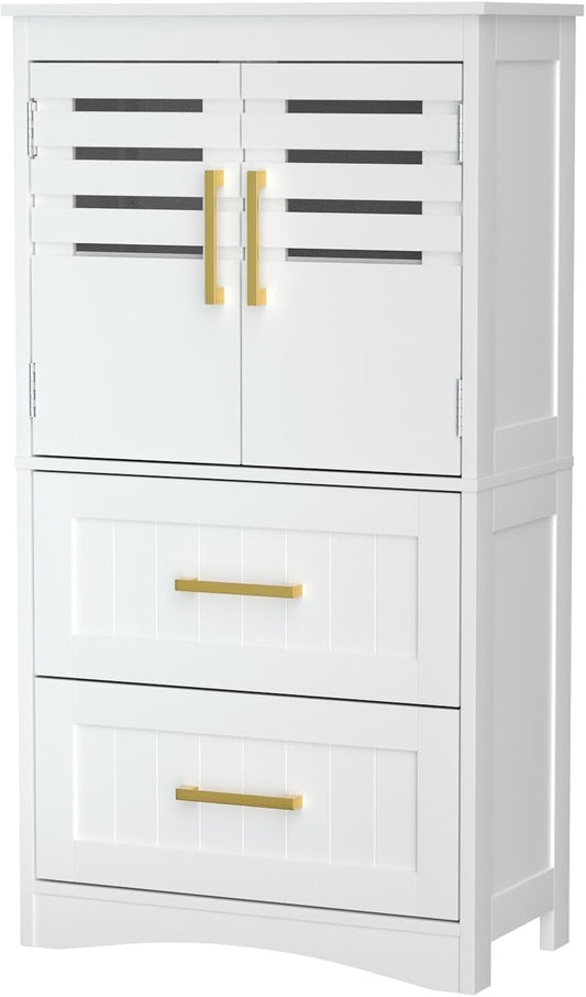 ROOMTEC Bathroom Floor Storage Cabinet,Freestanding Bathroom Cabinet with 2 Drawers and 2 Doors,Storage Cabinet with 5 Adjustable Height Shelf, 23.62 x 11.81 x 43.3Inches, White