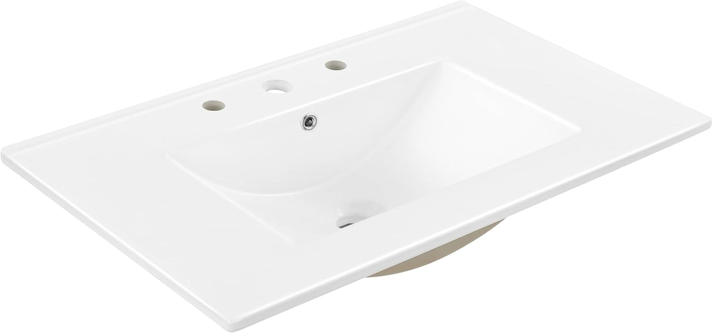 ROOMTEC JONATHAN Y SNK1002A Ancillary 3-Hole 30 in. W x 18.25 in. D Classic Contemporary Rectangular Ceramic Single Sink Basin Vanity Top, White