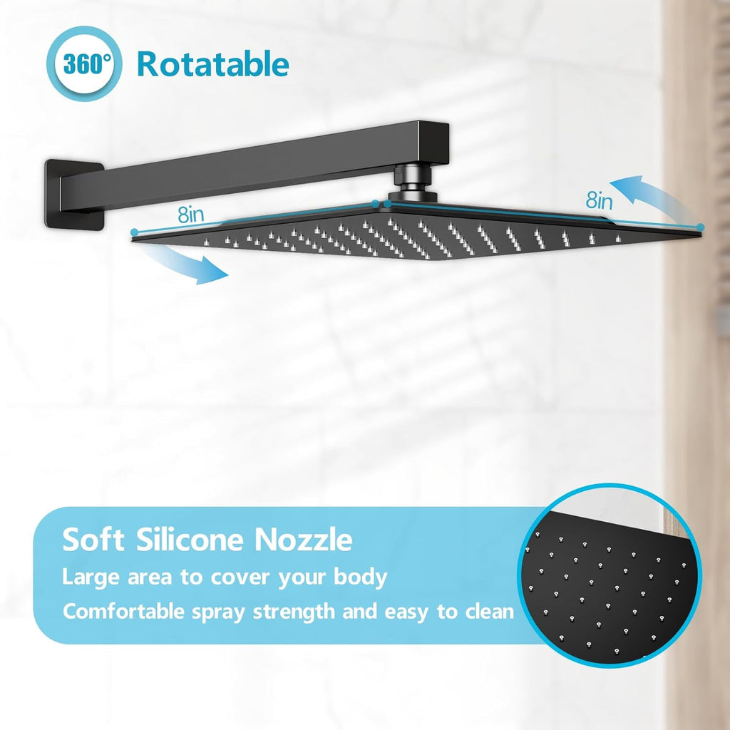 Rainfall Shower System Matte Black with High Pressure 8 inch Shower Head Hand Held Shower Head Bathroom Luxury Rain Mixer Shower Complete Combo Set Wall Mounted (Valve Included)