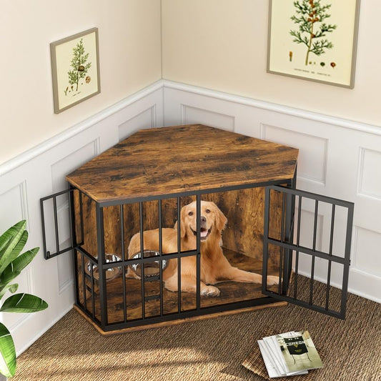 ROOMTEC 42 inch Furniture Dog Crate Corner, Dog Kennel Corner Wooden End Table with Bowl, Indoor Pet Crates Corner Side Table for Dogs, Wide Top Perfect for Limited Room