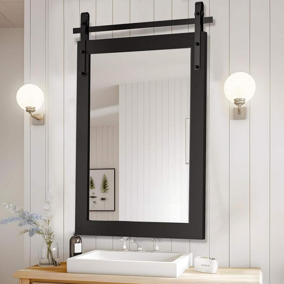 ROOMTEC Farmhouse Mirror, Rustic Mirror 26X40 Inch Rustic Wood Framed Wall Mirror Rectangle Decorative Mirror for Bathroom, Living Room, Entryway, Bedroom Wall Decor (White)