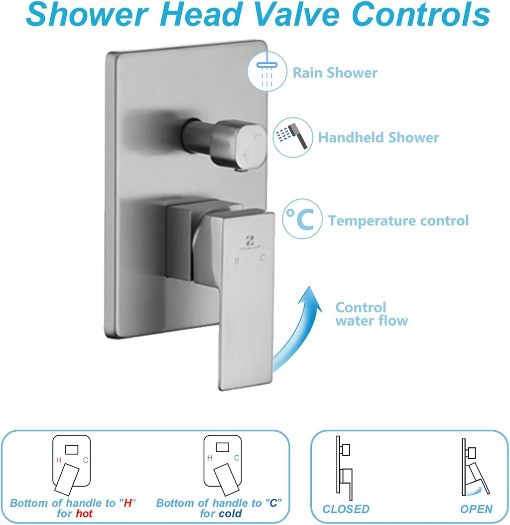 ROOMTEC Rainfall Shower System High Pressure 8 inch Shower Head Hand Held Shower Head Bathroom Luxury Rain Mixer Shower Complete Combo Set Wall Mounted, Chrome (Valve Included)