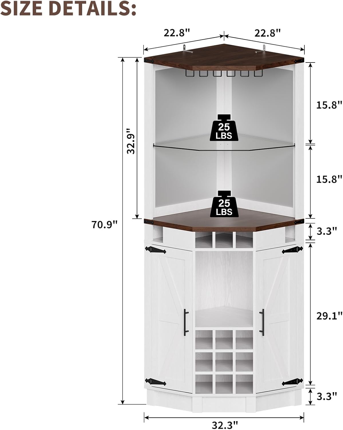 ROOMTEC Corner Bar Cabinet for Liquor, 71" Farmhouse Wine Cabinet with LED Strip and Glass Holder, Corner Cabinet with Doors and Adjustable Shelf, Liquor Cabinet Bar for Home