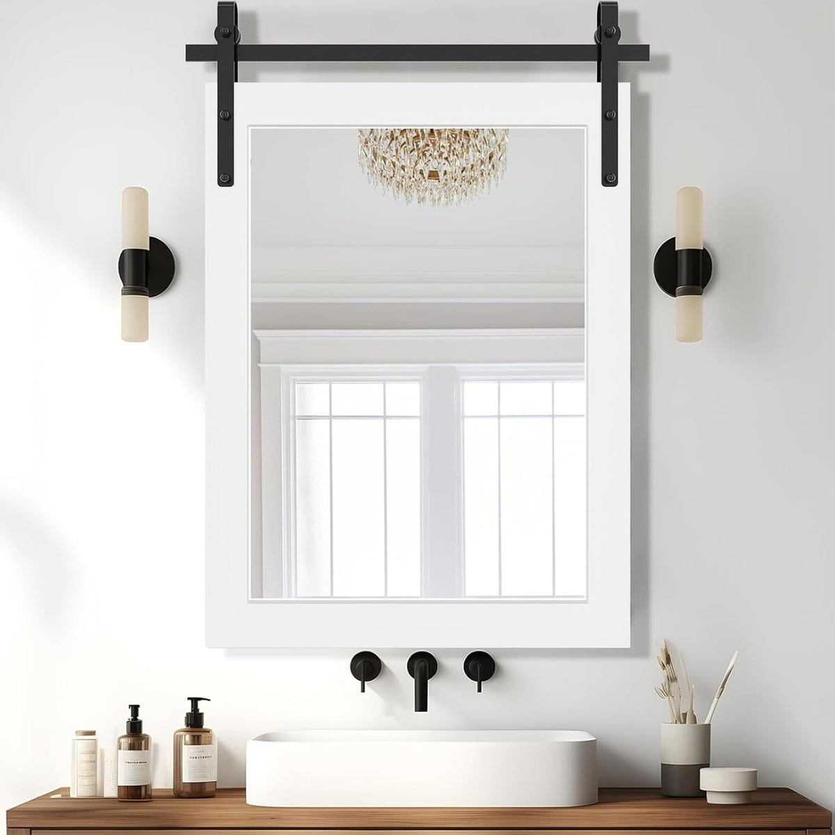 ROOMTEC Farmhouse Mirror, Rustic Mirror 26X40 Inch Rustic Wood Framed Wall Mirror Rectangle Decorative Mirror for Bathroom, Living Room, Entryway, Bedroom Wall Decor (White)