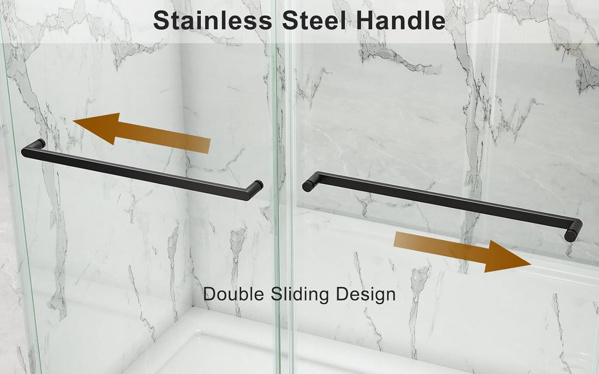 ROOMTEC 56 to 60'' W x 76'' H Frameless Shower Door, Double Sliding Shower Door with Premium 3/8'' (10mm) Thick Tempered Glass, Stainless Steel, Matte Black