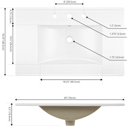 ROOMTEC JONATHAN Y SNK1002A Ancillary 3-Hole 30 in. W x 18.25 in. D Classic Contemporary Rectangular Ceramic Single Sink Basin Vanity Top, White