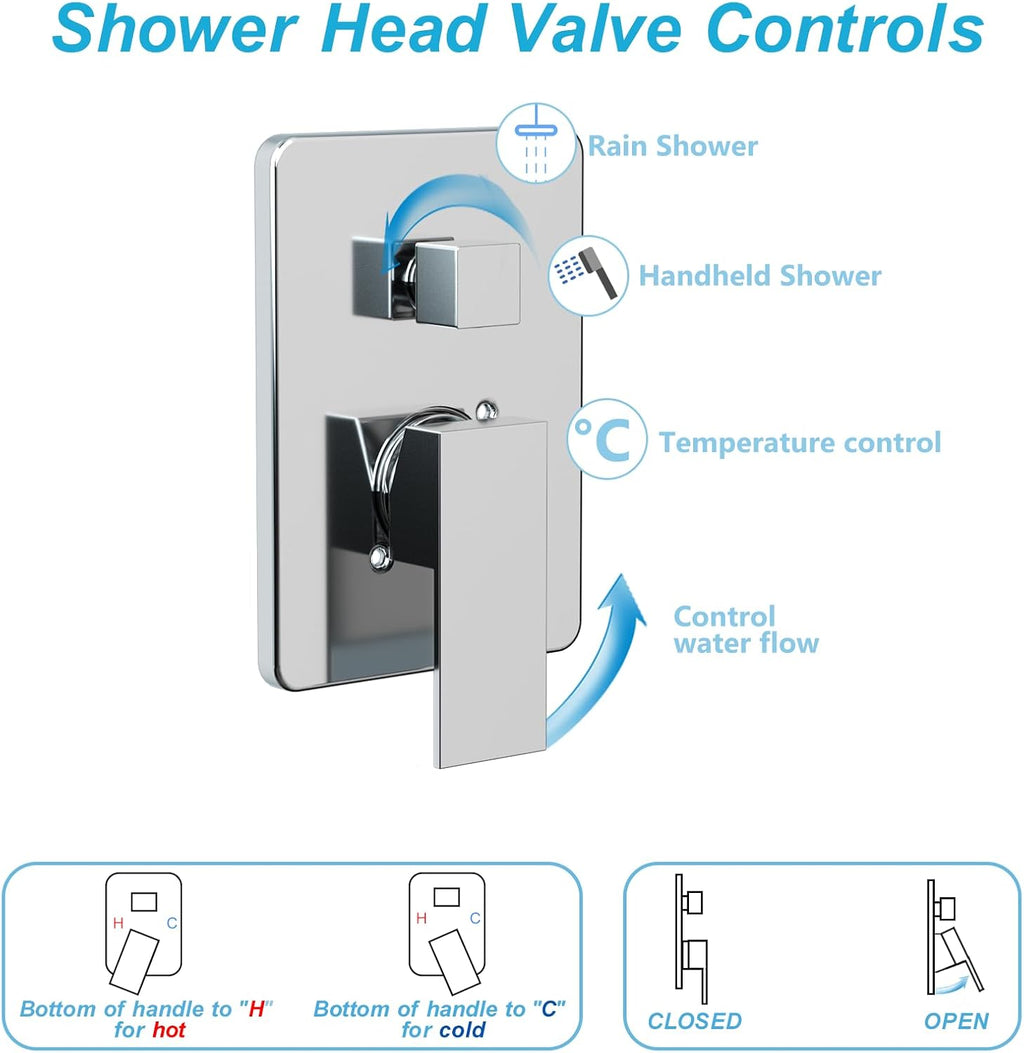 ROOMTEC Shower System with 10 Inch Rain Shower Head and Handheld Celling Mounted, High Pressure Rainfall Shower Faucet Fixture Combo Set with 2 in 1 Handheld Showerhead for Bathroom, Chrome