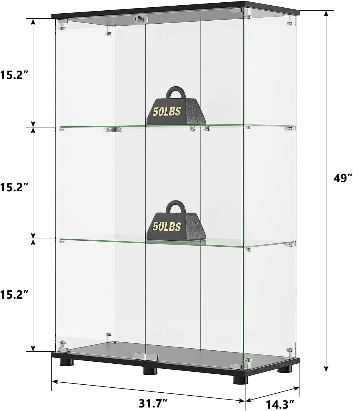 ROOMTEC Glass Display Cabinet with 3 Shelves,Double Doors, Floor Standing Display Cage, for Living Room Bedroom Office, 49.49 x 31.77 x 14.37 in, Black