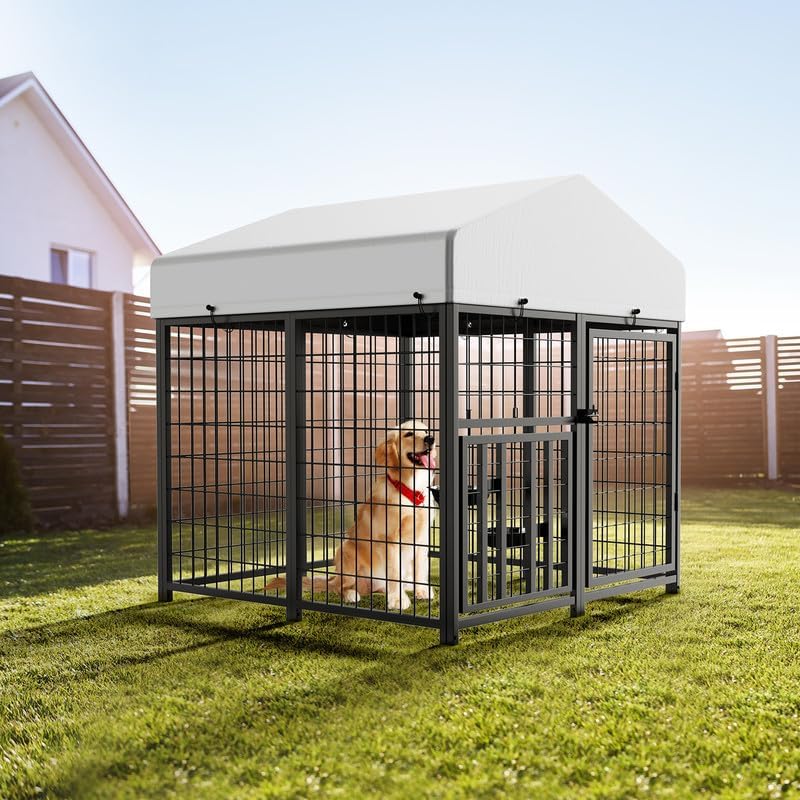 ROOMTEC Large Dog Kennel Outdoor Pet Pens Dogs Run Enclosure Animal Hutch Metal Coop Fence with Rotating Bowl (4'L x 4'W x 4.25'H)