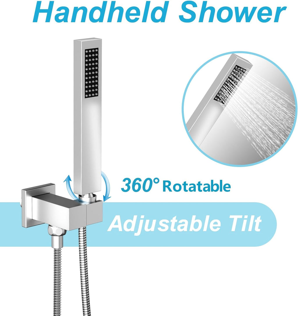 ROOMTEC Rainfall Shower System High Pressure 8 inch Shower Head Hand Held Shower Head Bathroom Luxury Rain Mixer Shower Complete Combo Set Wall Mounted, Chrome (Valve Included)