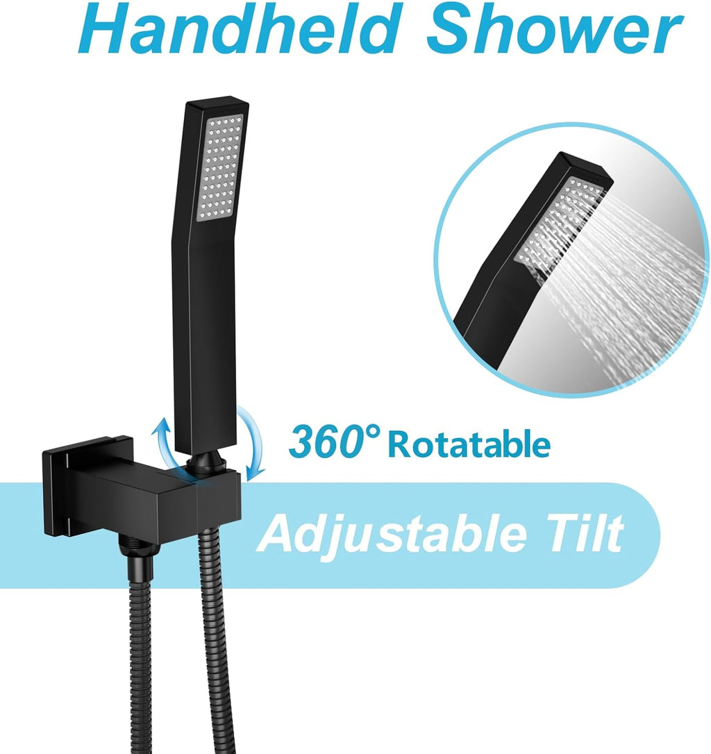 Rainfall Shower System Matte Black with High Pressure 8 inch Shower Head Hand Held Shower Head Bathroom Luxury Rain Mixer Shower Complete Combo Set Wall Mounted (Valve Included)