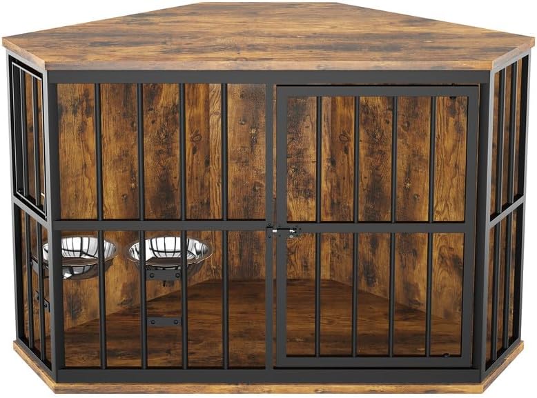 ROOMTEC 42 inch Furniture Dog Crate Corner, Dog Kennel Corner Wooden End Table with Bowl, Indoor Pet Crates Corner Side Table for Dogs, Wide Top Perfect for Limited Room