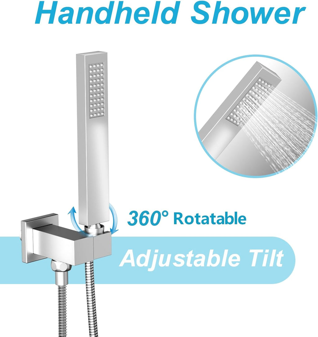 ROOMTEC Shower System with 10 Inch Rain Shower Head and Handheld Celling Mounted, High Pressure Rainfall Shower Faucet Fixture Combo Set with 2 in 1 Handheld Showerhead for Bathroom, Chrome