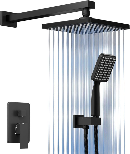 ROOMTEC Rainfall Shower System Matte Black with High Pressure 8 inch Shower Head Hand Held Shower Head Bathroom Luxury Rain Mixer Shower Complete Combo Set Wall Mounted (Valve Included)