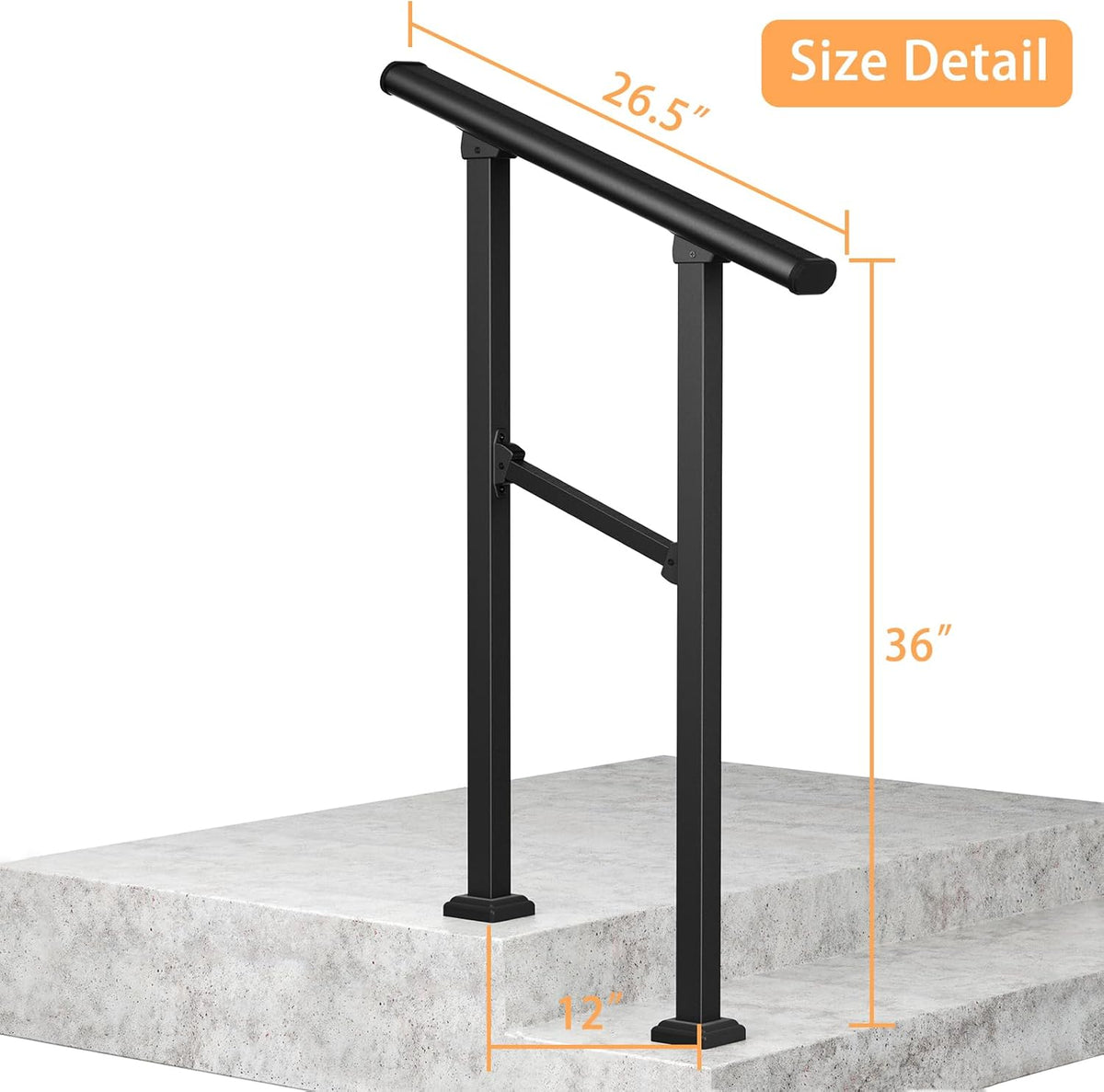 ROOMTEC  2 Step Hand Rails for Outdoor Steps, Wrought Iron Railing, Exterior Hand Railing for Steps, Porch Railing Kit (1-2 Steps Handrail)