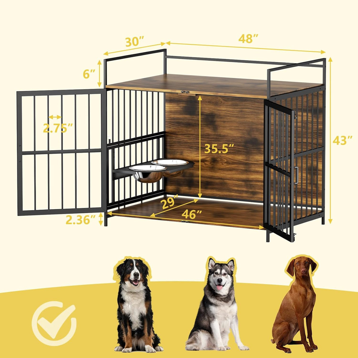 ROOMTEC Furniture Style Large Dog Crate with 360° & Adjustable Raised Feeder for Dogs 2 Stainless Steel Bowls -End Table House Pad, Indoor Use,41" L X 24" W 36" H, Classic Brown
