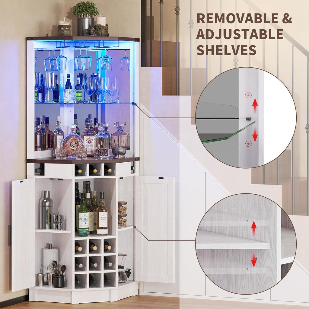 ROOMTEC Corner Bar Cabinet for Liquor, 71" Farmhouse Wine Cabinet with LED Strip and Glass Holder, Corner Cabinet with Doors and Adjustable Shelf, Liquor Cabinet Bar for Home