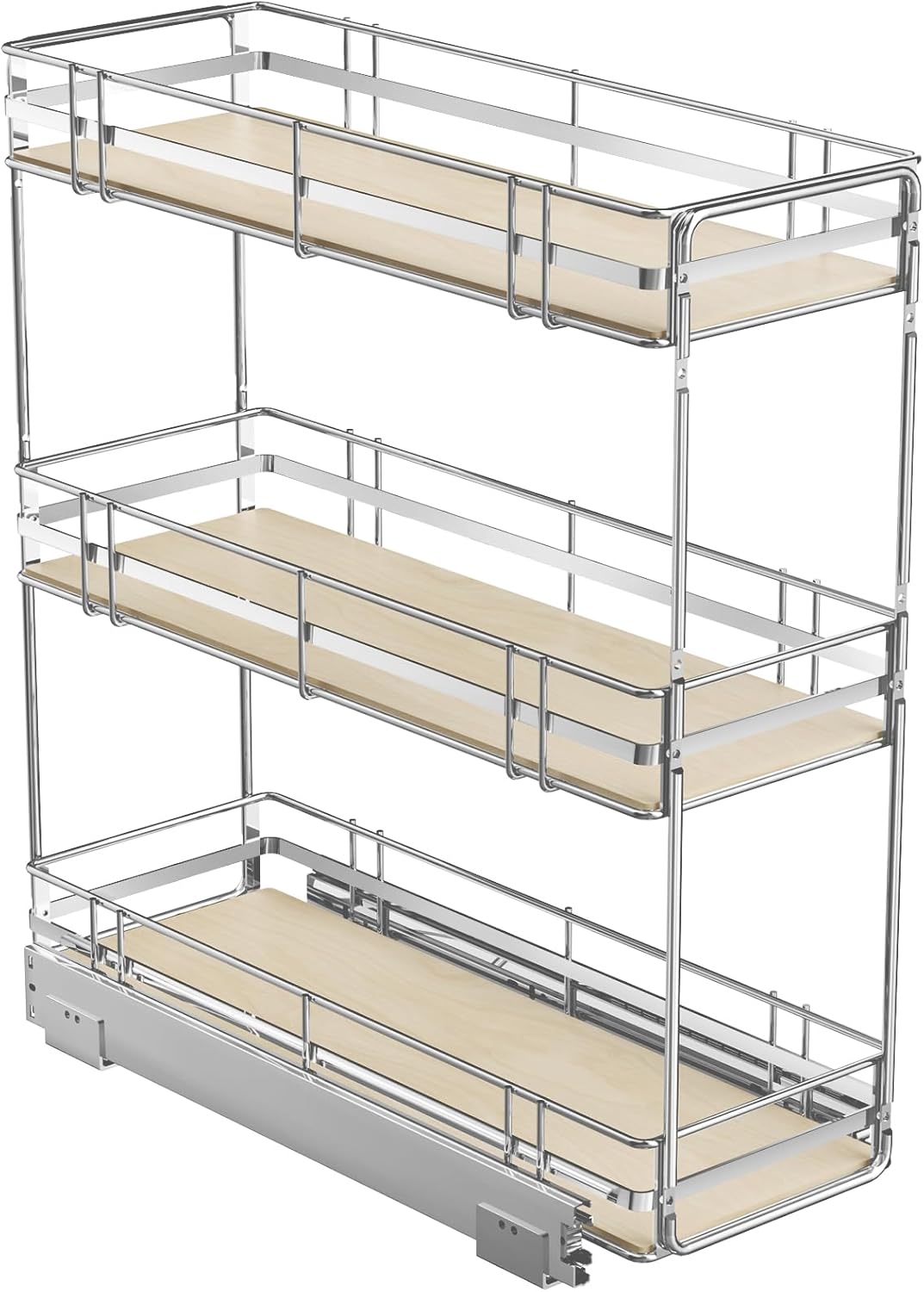 ROOMTEC 3-Tier Pull Out Cabinet Organizer Spice Rack for Narrow Cabinet Slide Out Wood Shelves Storage for Kitchen