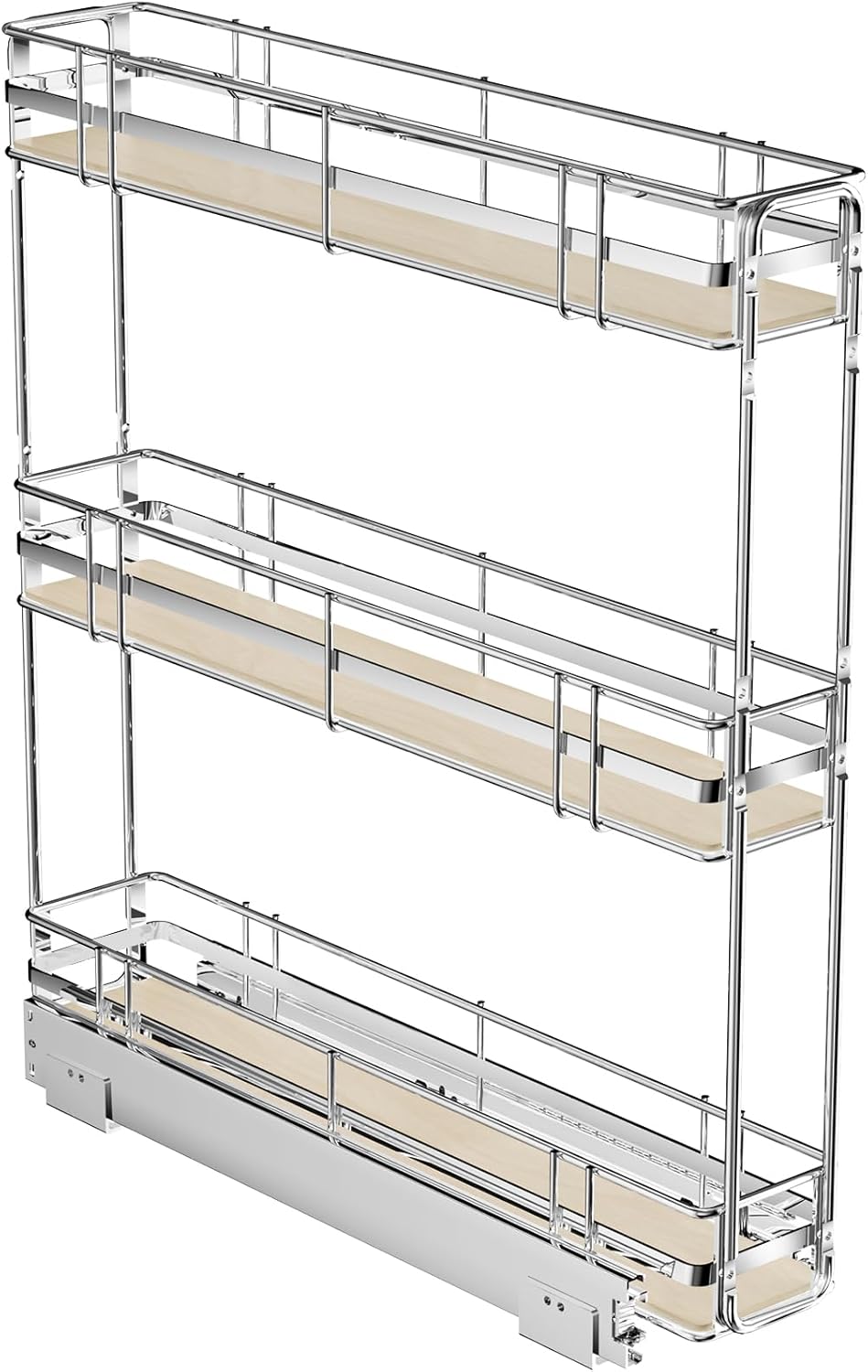 ROOMTEC 3-Tier Pull Out Cabinet Organizer Spice Rack for Narrow Cabinet Slide Out Wood Shelves Storage for Kitchen
