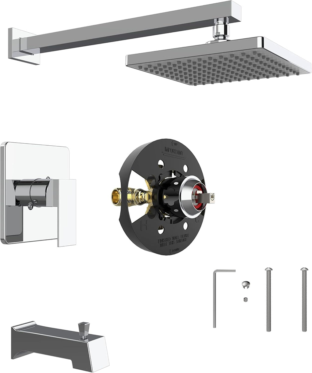 ROOMTEC Shower Tub Kit, Tub and Shower Faucet Set with Single-Spray Shower Head and Tub Spout, Single-Handle Tub and Shower Trim Kit, Chrome (Valve Included)
